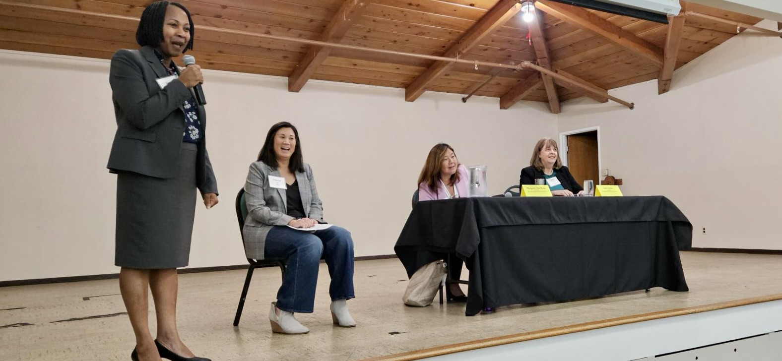 Photo 1, L-R: Los Altos City Councilwoman Neysa Fligor welcomes participants and guests to the LAWC 2024 Women Candidate's Forum. With LAWC Moderator Daphne Ross and the two candidates for Santa Clara County Supervisor, Margaret Abe-Koga and Sally Lieber.